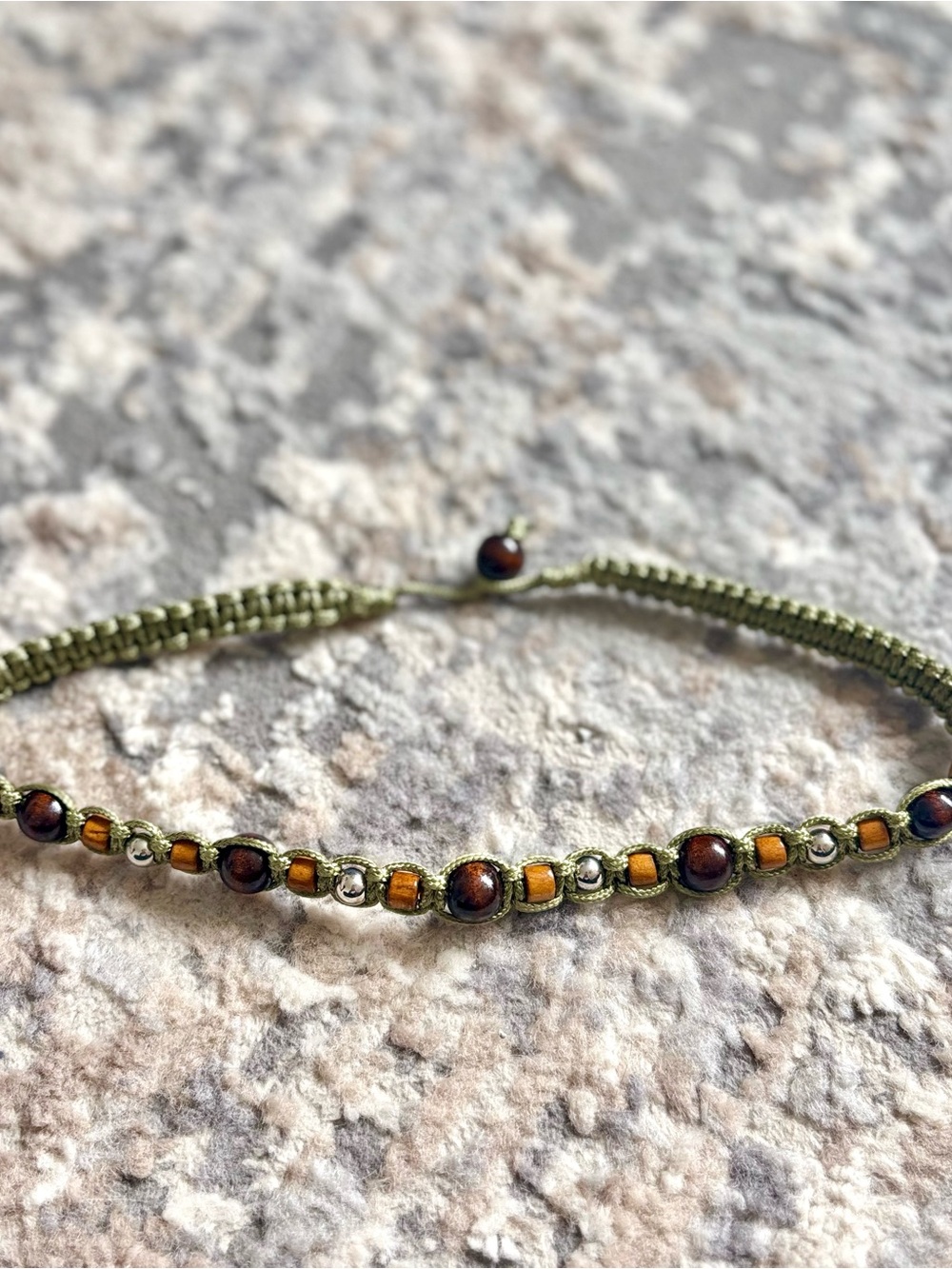 Olive Green Beaded Macrame Bracelet with Brown and Gold Accents Necklace
